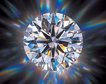 May include: A large, round, clear diamond with many facets, reflecting rainbow colors.