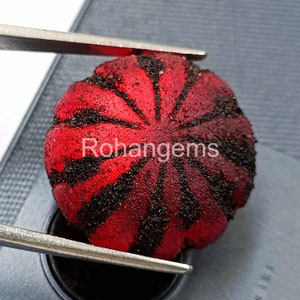 Puede incluir: Una gema redonda y roja con un patrón radial de líneas oscuras. La gema está sujeta con pinzas y el texto "Rohangems" es visible en la superficie. La gema tiene una apariencia texturizada.