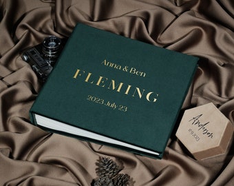 Green velvet wedding guest book with golden letters, Fujifilm Instax custom photo album book with or without pockets for instant pictures