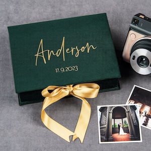 Gepersonaliseerde geschenkdoos, verjaardags-, bruilofts- of jubileumgeschenkdoos, gepersonaliseerde groen fluwelen fotodoos, trouwkaartdoos
