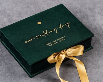 Custom gift box for married couple, bridal shower, wedding or anniversary gift box, personalized green velvet photo box, wedding card box