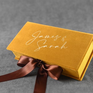 Golden mustard or other color gift box with ribbon, personalized wedding / birthday money box, handmade custom jewelry or keepsake box