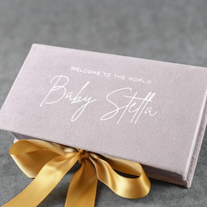 Personalized rose pink baby girl birthday gift box with golden ribbon, custom made jewelry box, handmade keepsake gift box, present box