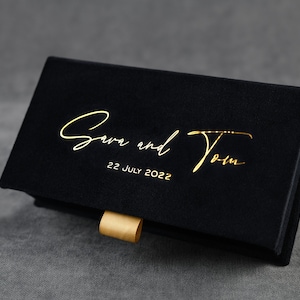 Personalized present box, custom made small gift box, wedding money box with black velvet cover