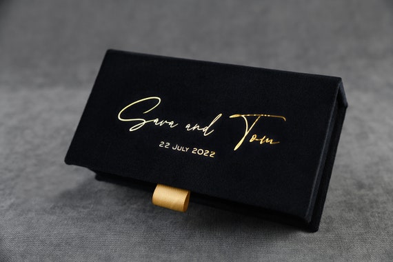 Personalized present box, custom made small gift box, wedding money box with velvet cover in your preferred color and text