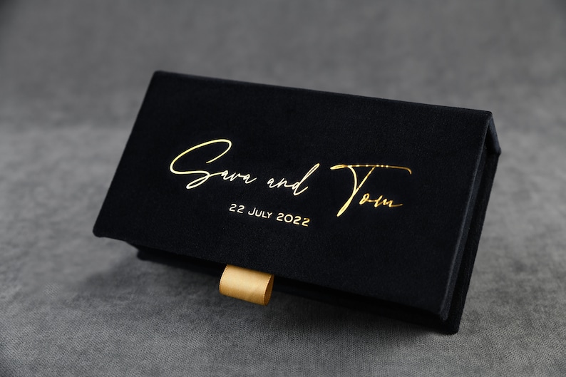 Personalized present box, custom made small gift box, wedding money box with black velvet cover