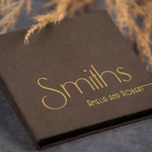 Luxury brown personalized USB flash drive box with golden names on cover