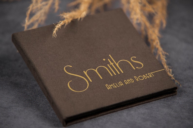 Luxury brown personalized USB flash drive box with golden names on cover