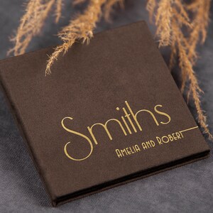 Luxury brown personalized USB flash drive box with golden names on cover