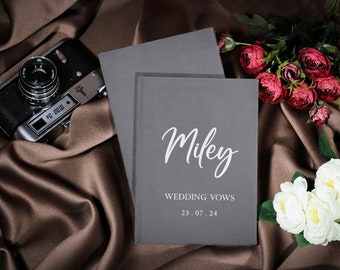Personalized vow books for wedding, his and her vow cases with names, bridal shower gift, handmade bride and groom grey velvet vow books