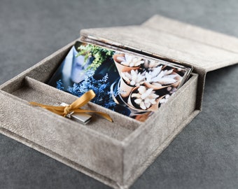 Personalized picture box with USB package, custom photo & USB storage box, photo gift box, cream/sand or other color wedding memory box