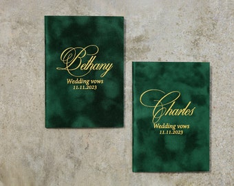 Set of 2 or 1 Wedding Vow Book with Velvet Paper Cover, Personalized Green Vows Cases, Customized His and Her Wedding Books for Modern Vows