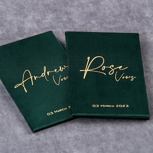 His and her vow booklets with custom text, wedding vow cases for bride and groom, green wedding vow books, personalized bridal shower gift