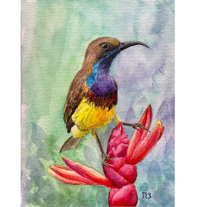 Watercolor bird painting blue bird painting Flower watercolor original art bird tiny painting  Watercolor bird wall art animal painting