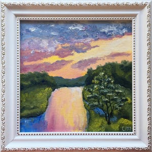 River Sunset Painting Original Art Sunset Clouds Oil Painting River Wall Art Framed painting small framed art