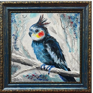 Framed Parrot Painting: Original Textured Bird Oil Art, 6&quot;x6&quot;