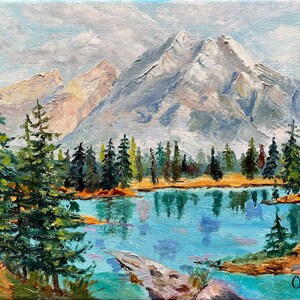 Mountain Art Oil Mountain  panting Handmade Pine tree artwork Pine tree wall art Pine tree painting Mountain rive painting
