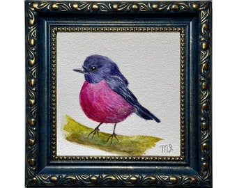 ロビン鳥の絵画額入り、リアルな鳥の油絵、赤い鳥のオリジナル