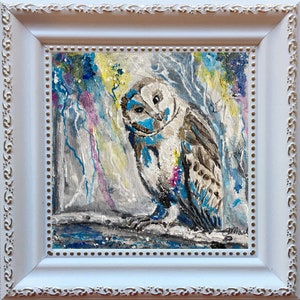 Original Owl Painting: Textured Acrylic Bird Art, Framed 6x6