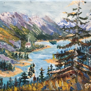 Mountain river panting Pine tree artwork Pine tree wall art Pine tree painting Mountain painting original Tree impressionism art