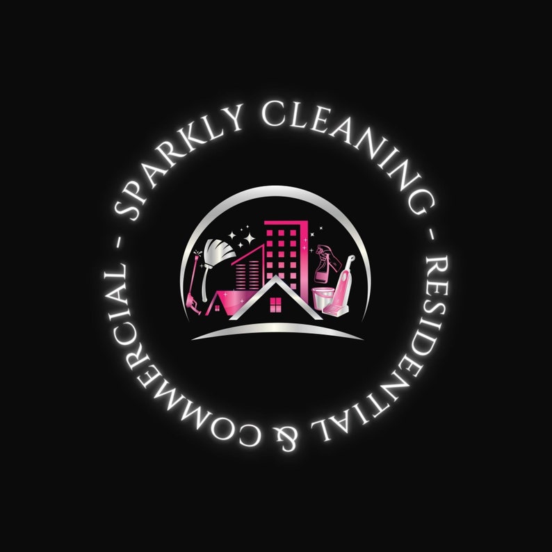 May include: A silver circle logo with the text "Sparkly Cleaning - Residential & Commercial" around the edge. Inside the circle is a silver building with a pink roof and windows. There are cleaning supplies in front of the building, including a broom, a bucket, a spray bottle, and a vacuum cleaner.