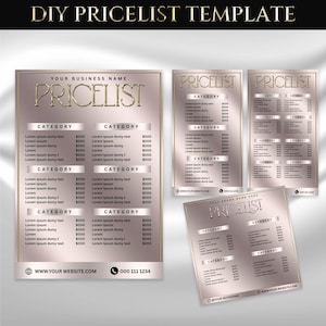 Puede incluir: Plantilla de lista de precios DIY con un esquema de color oro rosa y dorado. La plantilla incluye secciones para el nombre de la empresa, categorías y precios. El diseño presenta una estética moderna y elegante, adecuada para varios tipos de negocios.