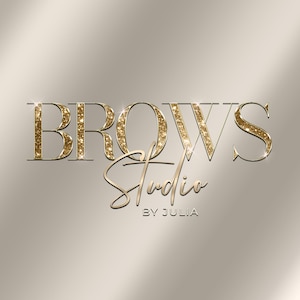 May include: A logo design featuring the text BROWS in large, gold glitter serif letters, with the word Studio in a gold cursive script underneath, followed by the text BY JULIA in smaller, simple gold capital letters on a light beige background.