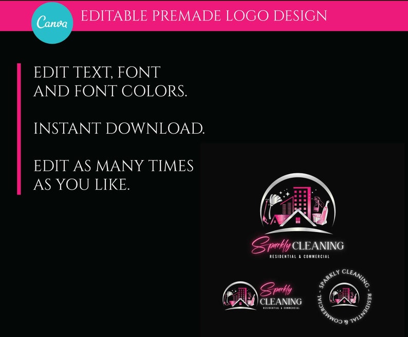 May include: Editable logo design template for a cleaning service. The logo features a pink and silver design with a house, a building, and cleaning supplies. The text "Sparkly Cleaning" is in a pink and silver font. The text "Residential & Commercial" is in a smaller font below the main text.