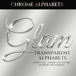 Alphabets numériques argentés transparents, lettres de police de script argentées, alphabets argentés brillants, téléchargement immédiat, téléchargement numérique