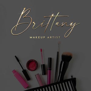 May include: A gold metallic script font reads "Brittany Makeup Artist" above a striped makeup bag and various makeup tools, including a black mascara wand, a pink lipstick, a black eyeliner, a pink lip gloss, a red eyeshadow palette, and a black makeup brush.