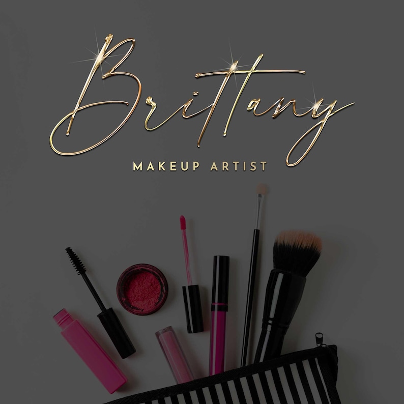 May include: A gold metallic script font reads "Brittany Makeup Artist" above a striped makeup bag and various makeup tools, including a black mascara wand, a pink lipstick, a black eyeliner, a pink lip gloss, a red eyeshadow palette, and a black makeup brush.
