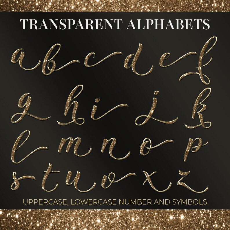 Gold Glittery Alphabets, Script Font Letters, Numbers, Symbols (digital ...