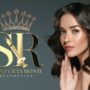 May include: A gold crown with glitter sits above the letters "SR" in gold and black. The letters are surrounded by gold glitter. Below the letters is the text "Sania Raymond Aesthetics". A woman with long brown hair is on the right side of the image.