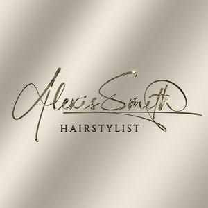 May include: A gold-colored signature that reads "Alexis Smith" with the word "HAIRSTYLIST" underneath. The signature is on a light beige background.