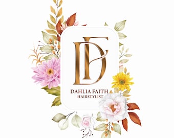 May include: A logo design featuring the intertwined letters "DF" in a gold color, set within a white rounded rectangle. The logo is surrounded by watercolor-style floral elements, including pink, yellow, and white flowers, and autumn-toned leaves. The text "DAHLIA FAITH HAIRSTYLIST" is below.