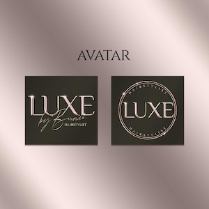 Puede incluir: Dos dise&ntilde;os de logotipo para un negocio de peluquer&iacute;a llamado "LUXE by Bernie Hair stylist". El primer logotipo presenta el texto "LUXE by Bernie Hair stylist" en letras doradas y rosas sobre un fondo verde oscuro. El segundo logotipo presenta el texto "LUXE Hair stylist" en letras doradas y rosas dentro de un c&iacute;rculo sobre un fondo verde oscuro.