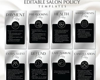 Modelos de políticas de salão de beleza editáveis em prata, modelo de política de reembolso, modelo de política de cancelamento, modelos do Canva, identidade visual faça você mesmo
