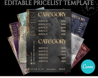 Editable pricelist template in 8 colors, DIY pricelist, Instant Download, Digital download, Beauty salon price sheet, flyer