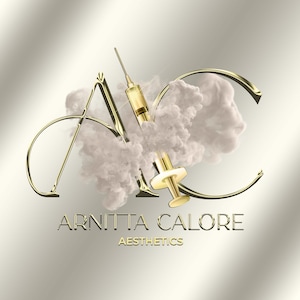 Design del logo per siringa estetica Digital Modern Gold, logo per bellezza, logo per dermatologia, logo per infermiere, logo per iniezioni, logo per filler per labbra, branding