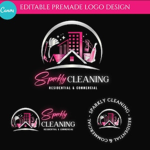 Beautiful premade pink and silver cleaning logo design, House cleaning logo, window cleaning logo, commercial cleaning logo, DIY Logo