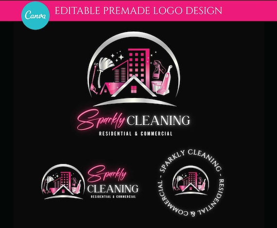 Beautiful premade pink and silver cleaning logo design, House cleaning logo, window cleaning logo, commercial cleaning logo, DIY Logo