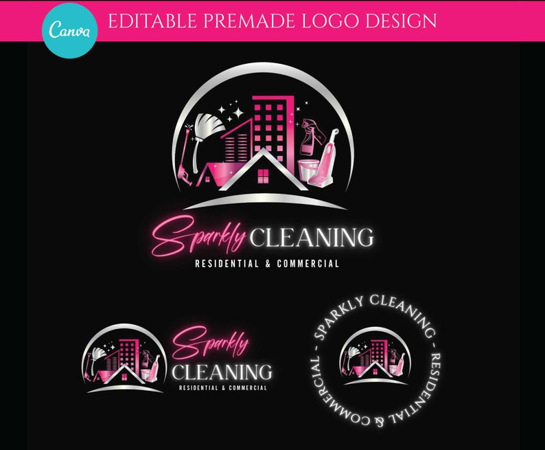May include: A logo design for a cleaning service called "Sparkly Cleaning". The logo features a pink and silver building with cleaning supplies, including a broom, a spray bottle, a bucket, and a vacuum cleaner. The text "Sparkly Cleaning" is written in a pink and silver font, with the words "Residential & Commercial" underneath.