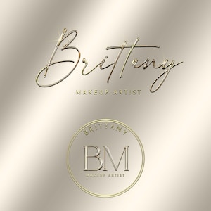 May include: Gold logo with the name "Brittany" written in cursive and the words "Makeup Artist" below. A second logo features a circle with the words "Brittany" at the top and "BM" in large letters inside the circle. The words "Makeup Artist" are below the circle.