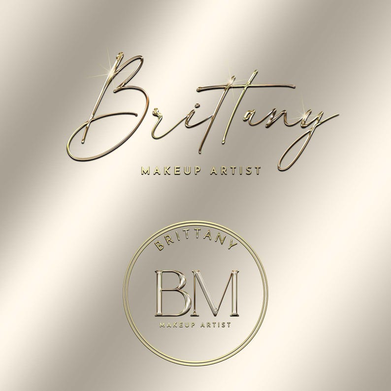 May include: Gold logo with the name "Brittany" written in cursive and the words "Makeup Artist" below. A second logo features a circle with the words "Brittany" at the top and "BM" in large letters inside the circle. The words "Makeup Artist" are below the circle.