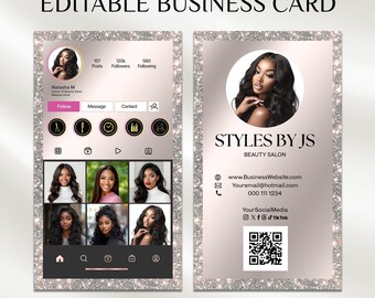 Instagram style editable Rose Gold Business Card Template, Vertical Business Card, Canva Business card, Instant download