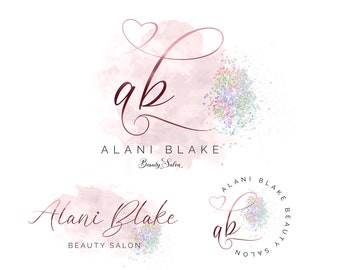 Digital Beautiful rose gold watercolor and holographic glitter logo design, heart style logo design, metallic logo, foil logo, Branding