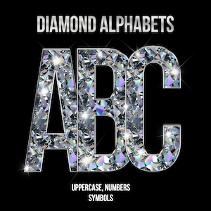 May include: Image of the letters A, B, and C rendered in a sparkling diamond texture against a black background. The text "DIAMOND ALPHABETS" is at the top, and "UPPERCASE, NUMBERS, SYMBOLS" is at the bottom.