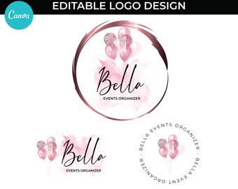Logotipo moderno e editável com balões em ouro rosa, ideal para organizadores de eventos. Download instantâneo, download digital, edite você mesmo o seu logotipo. Crie seu próprio logotipo!
