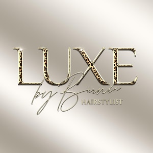 May include: A logo design featuring the text "LUXE by Bernie HAIRSTYLIST". The word "LUXE" is in gold with a leopard print pattern. "by Bernie" is in a cursive gold font, and "HAIRSTYLIST" is in a gold sans-serif font.