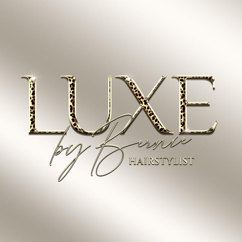 May include: A logo design with the text "LUXE by Bernie HAIRSTYLIST". The word "LUXE" is in gold with a leopard print pattern. The words "by Bernie" are in a cursive gold font, and "HAIRSTYLIST" is in a gold sans-serif font.